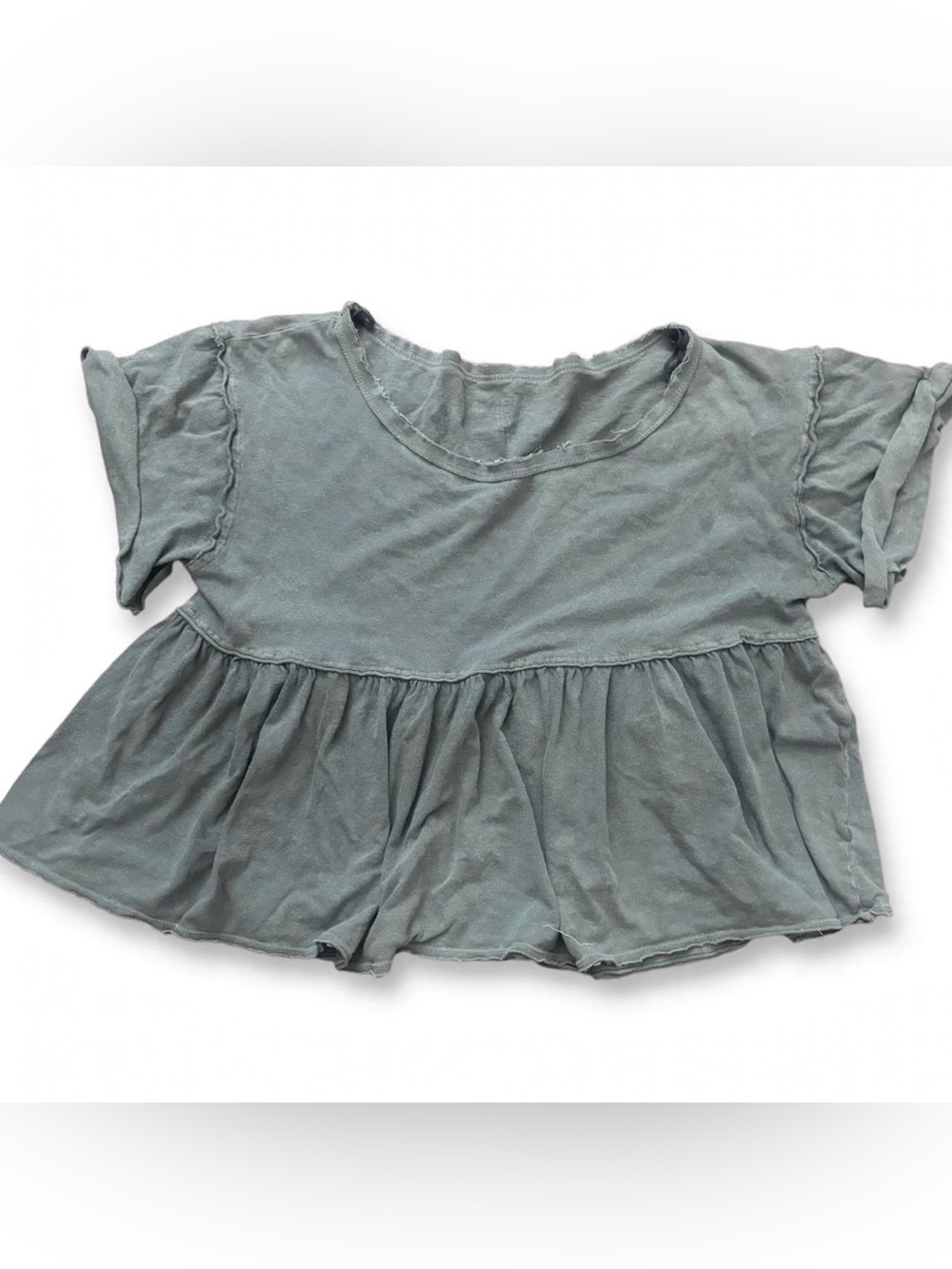 Free People We The Free Distressed Babydoll Top Large L Gray Green Flutter Sleev
